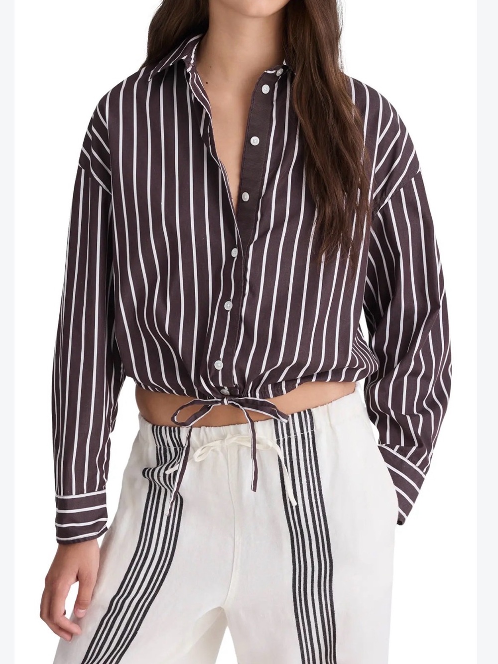 Madewell Brown and White Vertical-Stripe Tie-Hem Button-Down
